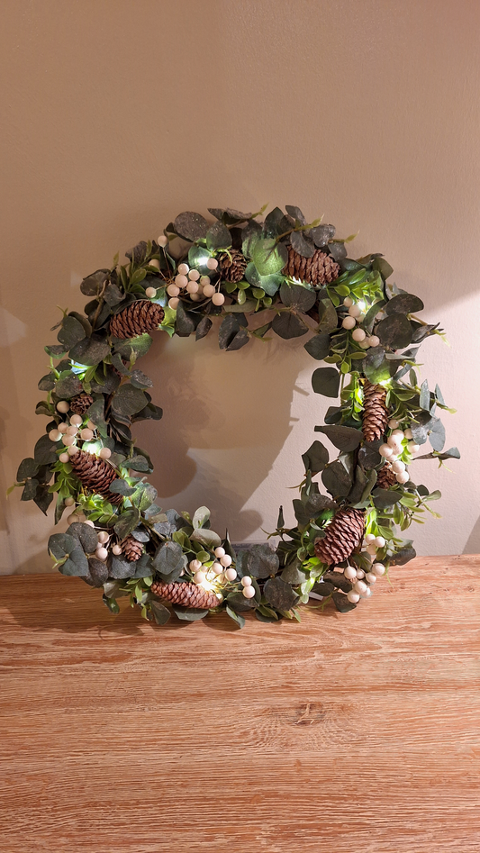 Light Up Eucalyptus And Fir Cone Wreath